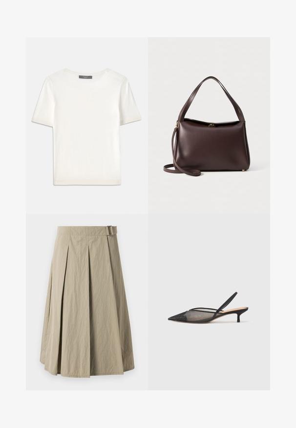Witte gebreide top met korte mouwen en een ronde halslijn, met een gladde textuur en subtiele ribgebreide accenten bij de mouwen en de zoom.; Beige plissé rok met een zachte textuur, voorzien van een riemlus en een A-lijn vorm, ontworpen met een knielange snit.; NEOUS IRENA - Klassieke pumps - black; Bruine leren handtas met een gestructureerde vorm, voorzien van een enkele handgreep aan de bovenkant en een afneembare schouderband. Goudkleurige hardware details.