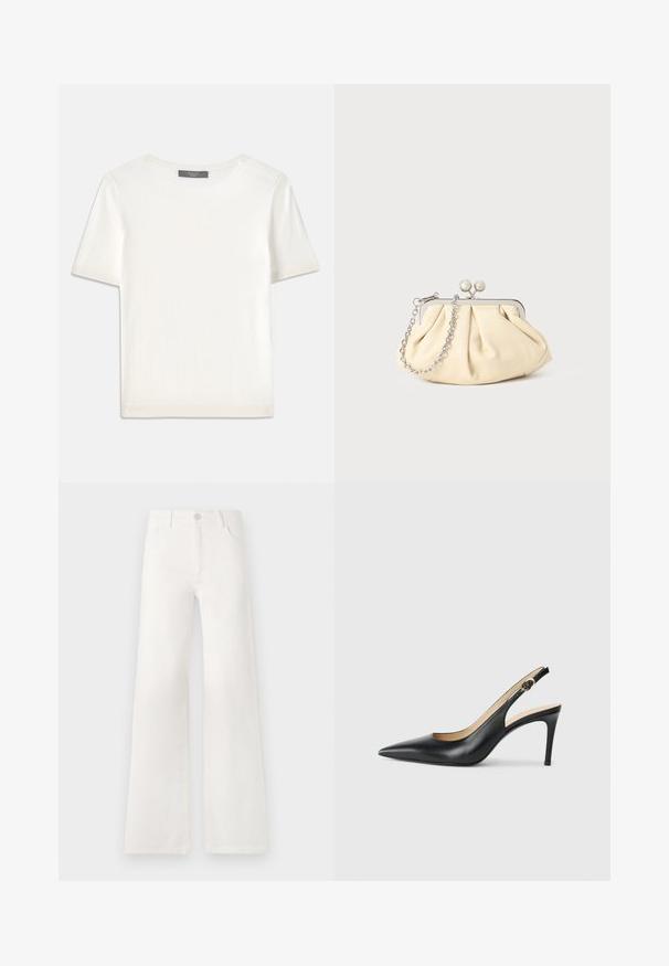 Biała krótki rękaw dzianinowa bluzka z okrągłym dekoltem, charakteryzująca się gładką teksturą i subtelnymi prążkowanymi akcentami na rękawach oraz u dołu.; Białe dżinsy z wysokim stanem i szerokimi nogawkami. Wykonane z denimu. Posiadają zapięcie na guzik, dwie kieszenie z przodu oraz boczne szwy ze szczegółami w postaci przeszyć.; Czarne skórzane sandały na obcasie typu slingback z wąskim noskiem, regulowanym paskiem i smukłym obcasem szpilką, o gładkim wykończeniu.; Złożona beżowa skórzana kopertówka z srebrną metalową ramą, z dwoma okrągłymi dekoracyjnymi zapięciami i srebrnym łańcuszkiem.