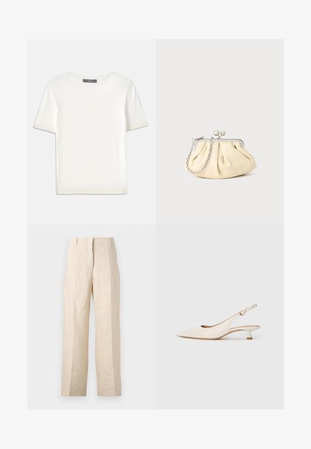 White short-sleeve knit top with a round neckline, featuring a smooth texture and subtle ribbed accents at sleeves and hem.; Beige linen trousers with a loose fit, pleated front, and straight legs. Features a waistband with belt loops and no visible pockets.; Cream-colored pointed-toe slingback shoe with low kitten heel and gold buckle on plain white background.; Pleated beige leather clutch with a silver metal frame, featuring two round decorative clasps and a silver chain strap.