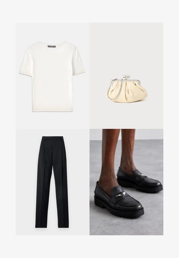Bela kratka pletena majica s kratkimi rokavi in okroglim izrezom, ki ima gladko teksturo in subtilne rebrovane detajle na rokavih in robu.; Črne hlače iz gladkega materiala, ki imajo visok pas, široke noge, sprednje nabore in klasične zanke za pas. Nevidni stranski žepi.; Črne usnjene loafer čevlji z zaobljenim nosom, ki imajo srebrni detajl na pasu in debel, teksturiran podplat za boljši oprijem.; Zavihani bež usnjeni nahrbtnik s srebrnim kovinskim okvirom, ki ima dve okrogli okrasni zaponki in srebrno verižico.