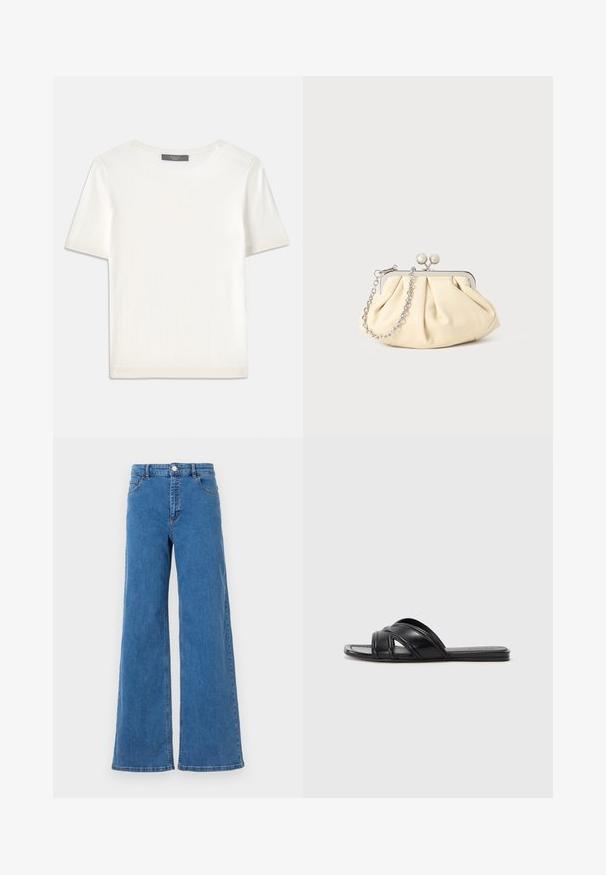 Bílý pletený top s krátkým rukávem a kulatým výstřihem, s hladkou strukturou a jemnými ribovými akcenty na rukávech a lemu.; Široké modré denimové džíny s vysokým pasem, předními kapsami a zapínáním na knoflík. Tkanina má hladkou strukturu a klasický šev.; Černé klínové sandály s hladkým koženým povrchem, s překříženými popruhy a výřezovými detaily, a plochou, flexibilní podrážkou.; Plisovaná béžová kožená kabelka na psaní s rámem ze stříbrného kovu, vybavená dvěma kulatými dekorativními uzávěry a stříbrným řetízkem.