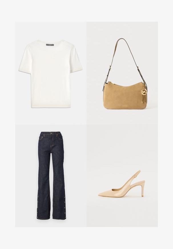 Valge lühikeste varrukatega soonikutega viimistletud ringkaelusega kampsun, millel on sile tekstuur.; Tumed sinised teksad kõrge vöökohaga, volangse säärega, kontrastse oranži õmblusega ja külgedel nööbid alläärs, et sobivust kohandada.; Nude patenti nahkkingad kõrged kontsad, terava ninaga, avatud vamp ja õhuke stilettokonts. Omab ringikujulist kuldset aktsenti rihmal.; Bež nubukist õlakott, millel on kumer kuju, kuldne riistvara ja tõmblukuga sulgemine. Omab külge kinnitatud võlu, millel on initsiaalid "MK."