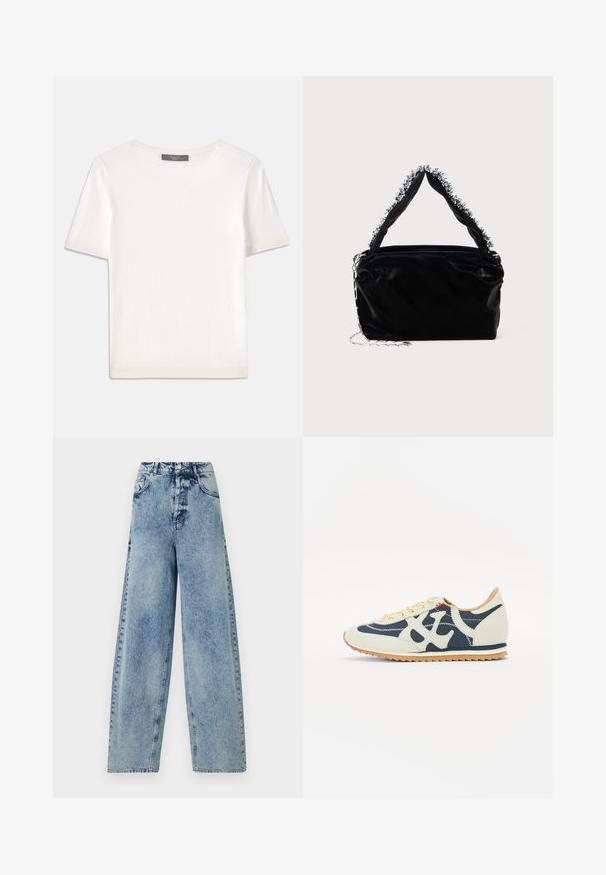 Hvit kortermet strikket topp med rund hals, med en glatt tekstur og subtile ribbede detaljer på ermer og kant.; Høytlivte, vide jeans i lys blå denim, med frontlommer, glidelås og stikninger langs sømmene.; Sko med en blanding av kremfarge, marineblå og semsket skinnmaterialer, snaredesign, skrå sømmer, og en gummisåle med grep.; Svart veske i faux lær med tekstur, med en perlet sølvdetalj langs det øverste håndtaket og en kjede-rem.