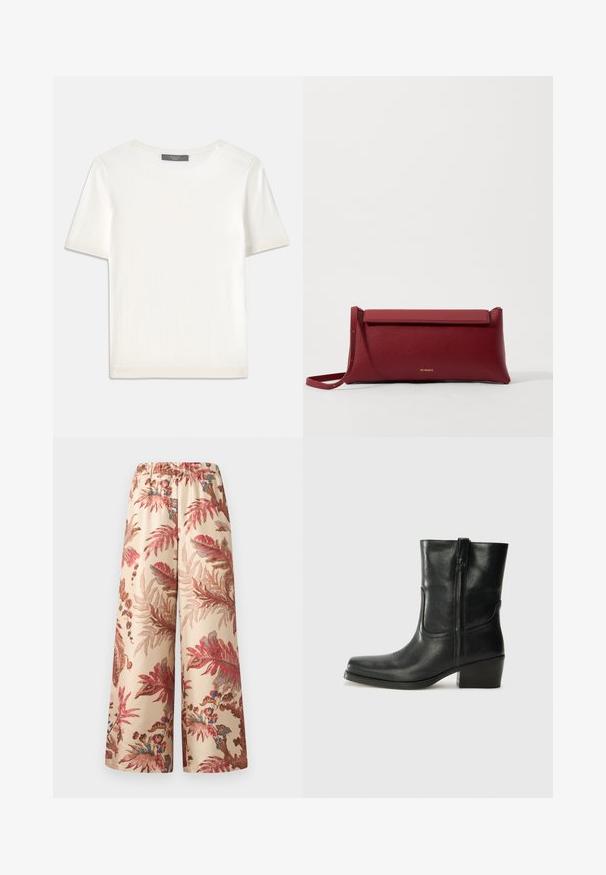Hvid kortærmet strikbluse med rund halsudskæring, der har en glat tekstur og subtile ribbede detaljer ved ærmerne og kanten.; Bredde benbukser i et lys beige stof, med et blomstermønster i nuancer af pink, rød og blå, og med elastisk talje.; Sort læder ankelstøvle med rundt tå, blokhæl, lynlås i siden og stikninger på vampsiden. Glat tekstur, klassisk design.; Rød læder clutchtaske med tekstureret overflade, der har et fladt fold-over top og en kort rem. Diskret logo på fronten.