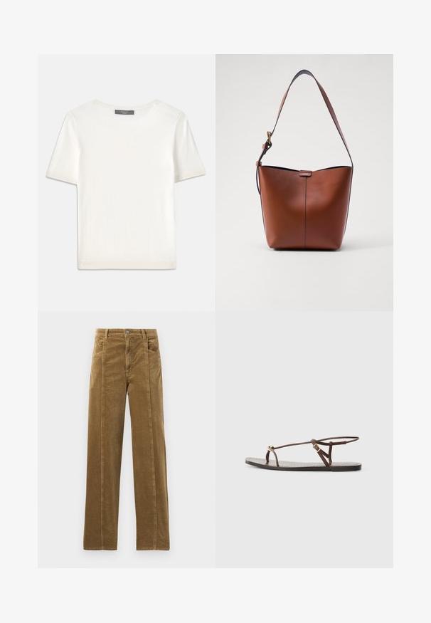 Bela kratka pletena majica s kratkimi rokavi in okroglim izrezom, ki ima gladko teksturo in subtilne rebrovane detajle na rokavih in robu.; Rjave kordurojske hlače s ravnim krojem, z sprednjimi žepi in vidnim šivanjem vzdolž šivov. Teksturni material z ozkimi rebri.; Rjavi usnjeni sandal s tankimi trakovi, zlato krožno okrasje in ravnim podplatom. Minimalističen dizajn z nastavljivim zaponko.; Brah nožna torba iz usnja s ukrivljenim oblikom, gladko teksturo in enim tankim trakovi. Ima subtilno šiv in majhno oznako.