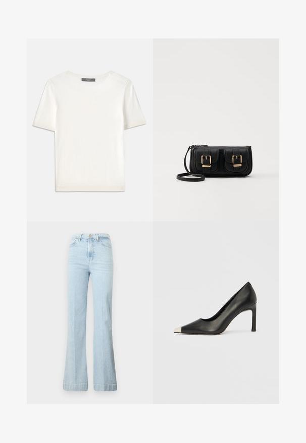 Top corto a maniche corte di colore bianco, in maglia, con scollatura rotonda. Presenta una texture liscia e accenti a coste sottili sulle maniche e sull'orlo.; Jeans svasati di colore azzurro chiaro in denim. Presentano vita alta, chiusura con zip e due tasche frontali. Leggera sbiaditura del tessuto, orlo pulito.; Scarpa con tacco alto in pelle nera con punta affilata e cappuccio metallico argento. Presenta una finitura liscia e un tacco sottile di 10 cm.; Borsa a tracolla nera in pelle con due tasche frontali, fibbie dorate, chiusura con zip e una tracolla sottile. Superficie texturizzata e forma rettangolare compatta.