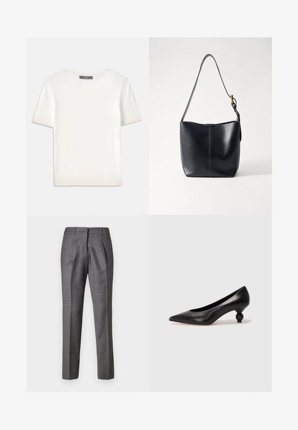 Balta īsām piedurknēm adīta blūze ar apaļu kakla izgriezumu, kurai ir gluda tekstūra un smalki riboti akcenti pie piedurknēm un apakšmalas.; Pelēki pielāgoti bikses ar gludu tekstūru, divām priekšējām krokām un šauru piegriezumu. Iekļautas standarta josta un taisna kāju piegriezums.; Melnas ādas augstpapēžu kurpes ar smailu purngalu un apaļu papēdi. Gluda tekstūra ar elegantu, minimālistisku dizainu.; Melnas ādas plecu soma ar gludu virsmu, aprīkota ar plānu, garu siksnu un ar smalku šuvumu pa vidu.