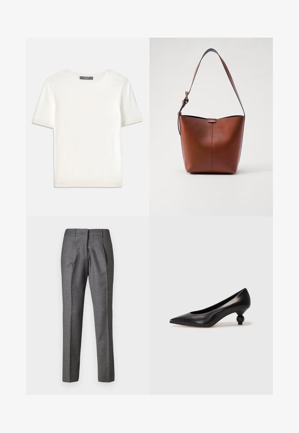 Top de punto corto de manga blanca con cuello redondo, que presenta una textura suave y sutiles detalles acanalados en las mangas y el dobladillo.; Pantalones grises ajustados con una textura suave, dos pliegues frontales y un diseño de corte slim-fit. Presenta una cinturilla estándar y un corte de pierna recta.; Zapato de tacón alto de cuero negro con puntera afilada y un tacón redondeado y abombado. Textura suave con un diseño elegante y minimalista.; Bolso de hombro de cuero marrón con forma curva, textura suave y una única correa delgada. Presenta una costura sutil y un pequeño detalle del logo.