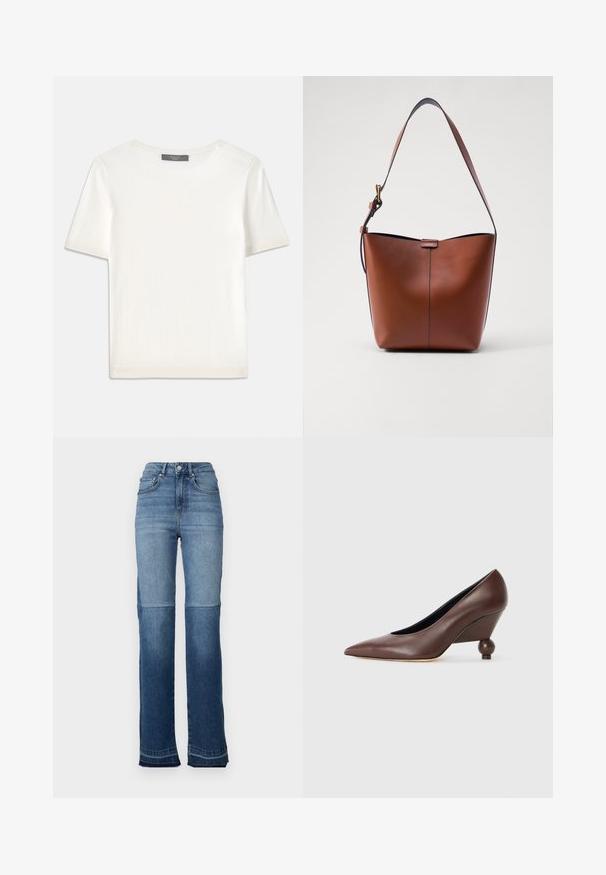Valge lühikeste varrukatega soonikutega viimistletud ringkaelusega kampsun, millel on sile tekstuur.; Korkea talje denim teksasedel, kus on valgust tumedasse sinisse üleminek, sirge jalgade disain ja kulunud hemid varrukatel.; Pruunist nahast tõstetud kontsaga kingad, millel on terav varvas ja ümar pallikujuline konts. Sile tekstuur, lihtne disain ja minimaalsed aksessuaarid.; Pruun nahast õlakott, millel on kaarjas kuju, sile tekstuur ja üks õhuke rihm. Omab peent õmblust ja väikest logo detaili.