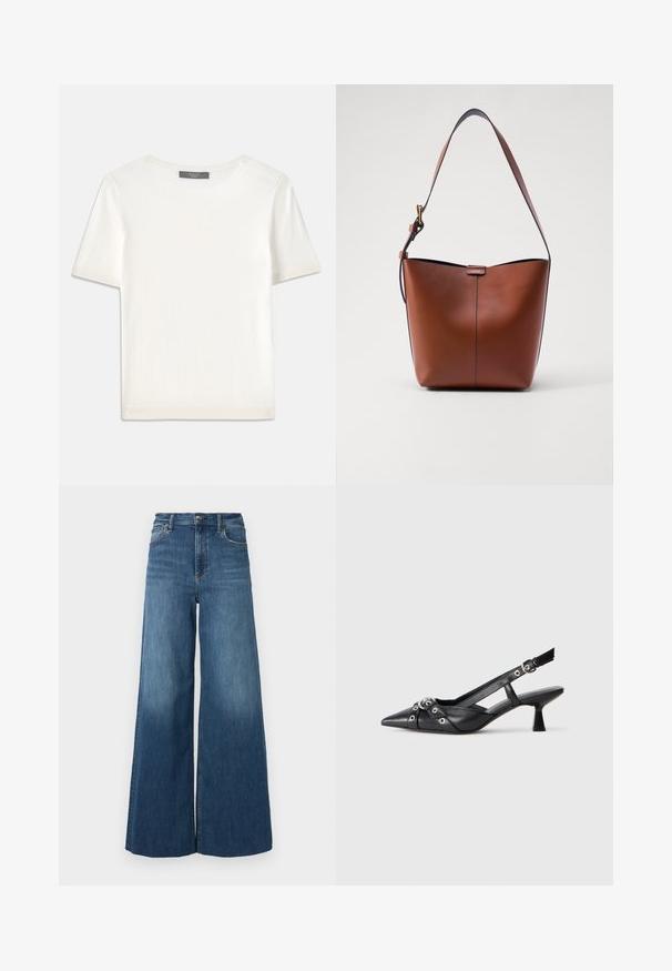 Hvid kortærmet strikbluse med rund halsudskæring, der har en glat tekstur og subtile ribbede detaljer ved ærmerne og kanten.; rag & bone FLEXI SOFIE HIGH RISE FULL LENGTH WIDE - Jeans Relaxed Fit - willow; Sort lædersandal med spids tå, dekorative stropper med metaløjer og en lav blokhæl. Struktureret overflade.; Brun læder skuldertaske med en buet form, glat tekstur og en enkelt tynd rem. Har en diskret søm og et lille logodesign.
