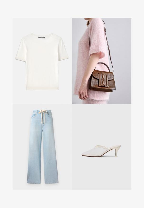 Valge lühikeste varrukatega soonikutega viimistletud ringkaelusega kampsun, millel on sile tekstuur.; Heledad helesinised teksad, mis on valmistatud denimist, joontega ning kohustusliku viie tasku kujundusega, minimaalse kulumisega.; Valge võrkmaterjalist teravatoa mulli king, millel on peen keskmise kõrgusega konts ja libisev disain, tühjal taustal.; Pruun krokodillimustriga käekott koos ülemise käepideme ja õlavöödiga. Esiküljel on väljapaistev logo. Pehme tekstuur.