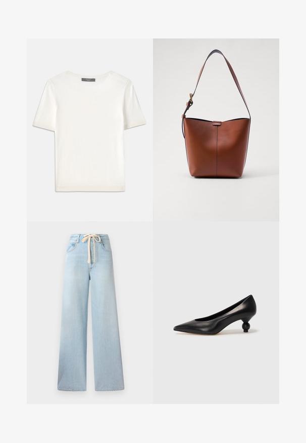 Valge lühikeste varrukatega soonikutega viimistletud ringkaelusega kampsun, millel on sile tekstuur.; Heledad helesinised teksad, mis on valmistatud denimist, joontega ning kohustusliku viie tasku kujundusega, minimaalse kulumisega.; Must musta kõrge kontsaga king, millel on terav nina ja ümar, pallikujuline konts. Sile pind ja elegantne, minimalistlik disain.; Pruun nahast õlakott, millel on kaarjas kuju, sile tekstuur ja üks õhuke rihm. Omab peent õmblust ja väikest logo detaili.