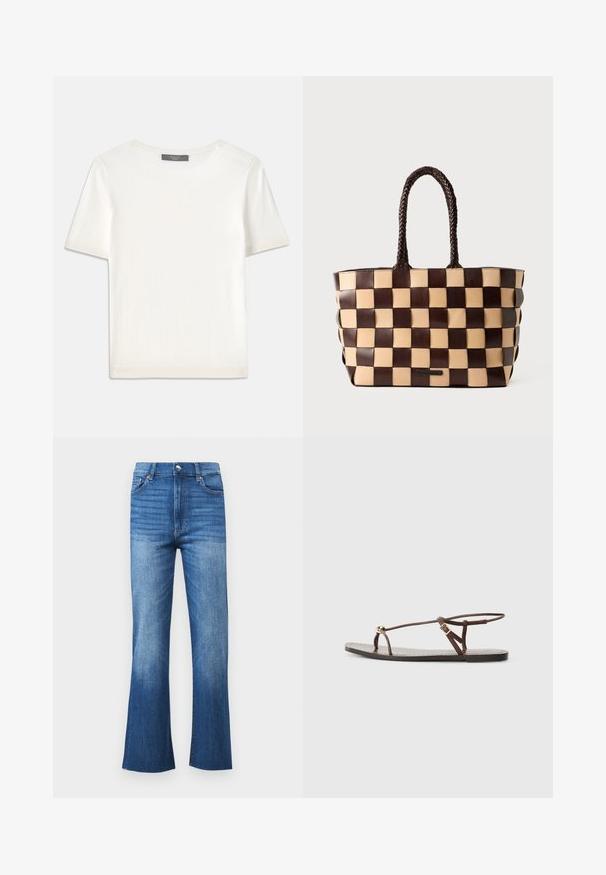 Bijela kratkotrajna pletena majica s kratkim rukavima i okruglim izrezom, koja se odlikuje glatkom teksturom i suptilnim rebrastim detaljima na rukavima i rubu.; Traperice s flared krojem u svjetlosivom do tamnoplavom gradijentu, visokog struka, s pet džepova i sirovim rubom na gležnjevima.; Smeđi kožni sandal s tankim trakama, zlatnim kružnim akcentom i ravnim đonom. Minimalistički dizajn s detaljem s podesivom kopčom.; Smeđa i bež kožna torba s tkanim kariranim uzorkom i pletenim ručkama na bijeloj pozadini.