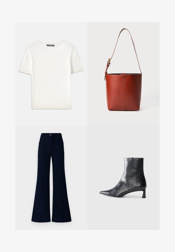 Top de malha branco, de mangas curtas, com decote redondo, apresentando uma textura suave e discretos realces canelados nas mangas e na barra.; Jeans azul-marinho com corte boca de sino e cintura média, apresentando dois bolsos traseiros e fecho de botão. Feitos de denim com uma textura suave.; Bota de tornozelo em pele preta com biqueira apontada e um design elegante. Apresenta um salto baixo e um fecho com zipper na parte de trás. Textura suave.; Saco de couro castanho em forma de balde com alça de ombro ajustável e fivela em tom dourado, detalhe de costura vertical simples na frente.