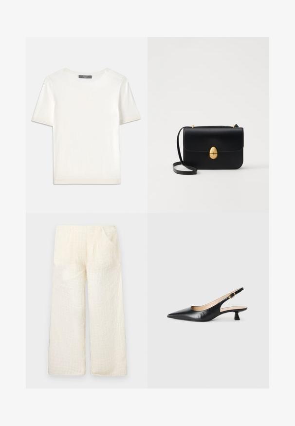 White short-sleeve knit top with a round neckline, featuring a smooth texture and subtle ribbed accents at sleeves and hem.; Lightweight, cream-colored wide-leg pants with a textured grid pattern and two side pockets, featuring a relaxed fit and soft fabric.; Black leather slingback kitten heel shoe with pointed toe and gold buckle on side strap, on white background.; Black leather handbag with a structured rectangular shape. Features a golden oval clasp and a thin shoulder strap. Smooth texture.; Floral headband made of white petals with a thin, flexible band. Petals are soft and lightweight, creating a delicate, layered appearance.
