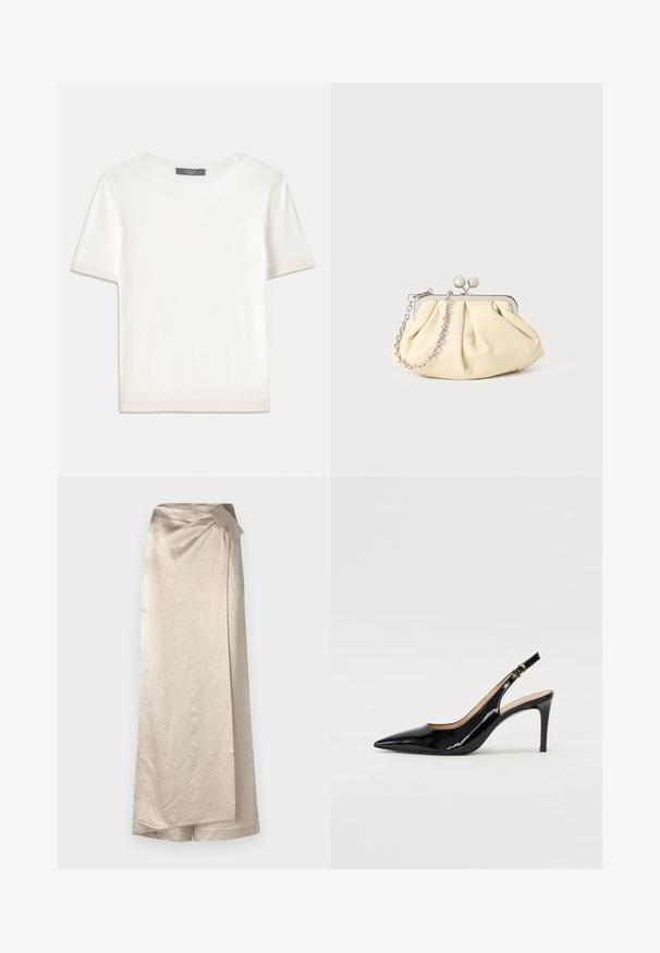 Witte gebreide top met korte mouwen en een ronde halslijn, met een gladde textuur en subtiele ribgebreide accenten bij de mouwen en de zoom.; Lange, beige rok gemaakt van een glanzende, gestructureerde stof. Heeft een wikkeldesign met een zijstrikaccent en een nette zoom.; Zwarte gepatineerde leren slingback pump met een puntige neus, slanke hak en een subtiel uitgesneden ontwerp. Bevat een gouden gesp op de band.; Geplooide beige leren clutch met een zilveren metalen frame, voorzien van twee ronde decoratieve sluitingen en een zilveren kettingriem.