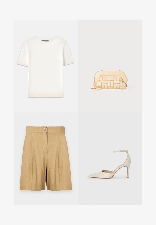 Top de malha branco, de mangas curtas, com decote redondo, apresentando uma textura suave e discretos realces canelados nas mangas e na barra.; Calções de linho bege com um cós estruturado, um único botão à frente e dois pregas frontais para um visual bem ajustado.; Sapato de salto alto em pele branca com biqueira pontiaguda, faixa no tornozelo e um salto fino de stiletto. Textura suave com um leve acabamento brilhante.; Bolsa em bege trançada com um design estruturado, apresentando um topo liso e uma alça longa. Os detalhes texturizados melhoram a aparência geral.