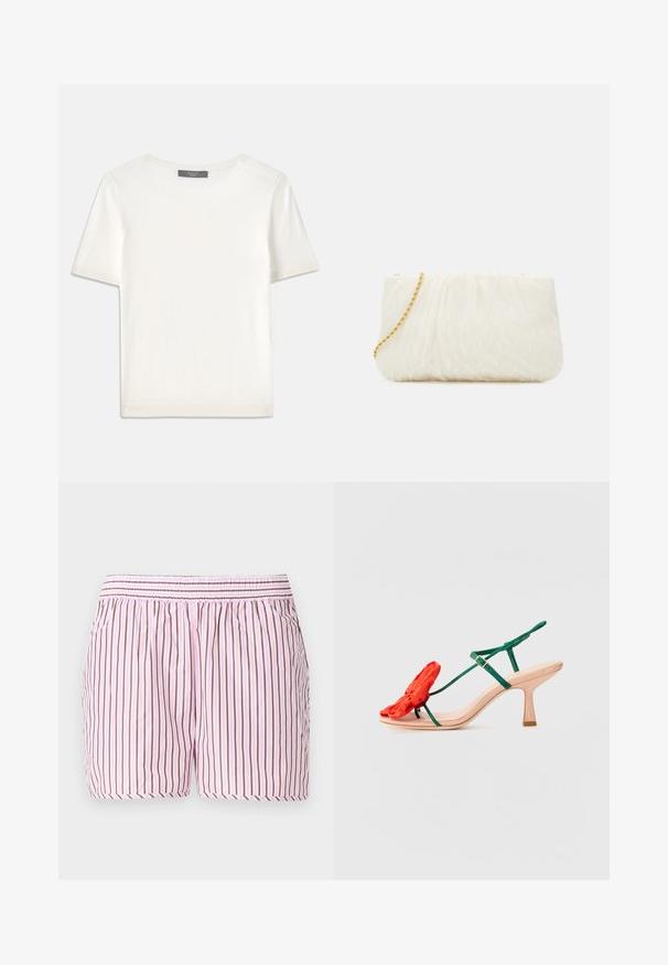 White short-sleeve knit top with a round neckline, featuring a smooth texture and subtle ribbed accents at sleeves and hem.; Cotton sleep shorts featuring vertical pink and brown stripes, an elastic waist with smocking, and a loose fit for comfort.; Loeffler Randall FRANK - Ankle cuff sandals - nude/green/red; White textured clutch bag with a gathered design, featuring a gold chain strap. Smooth finish with subtle waves and rounded edges.