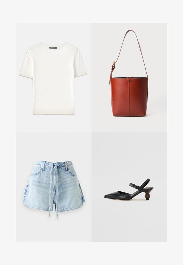 Witte gebreide top met korte mouwen en een ronde halslijn, met een gladde textuur en subtiele ribgebreide accenten bij de mouwen en de zoom.; Lichtblauwe denim shorts met een tailleband met trekkoord, vijf zakken en rafelige randen. De stof heeft een versleten structuur.; Zwarte leren slingbackshoe met een spitse neus, gebogen ontwerp en een ronde, houtachtige hak. Voorzien van een smalle enkelband.; Bruine lederen emmerzak met verstelbare schouderband en gouden gesp, eenvoudige verticale naaddetails aan de voorkant.