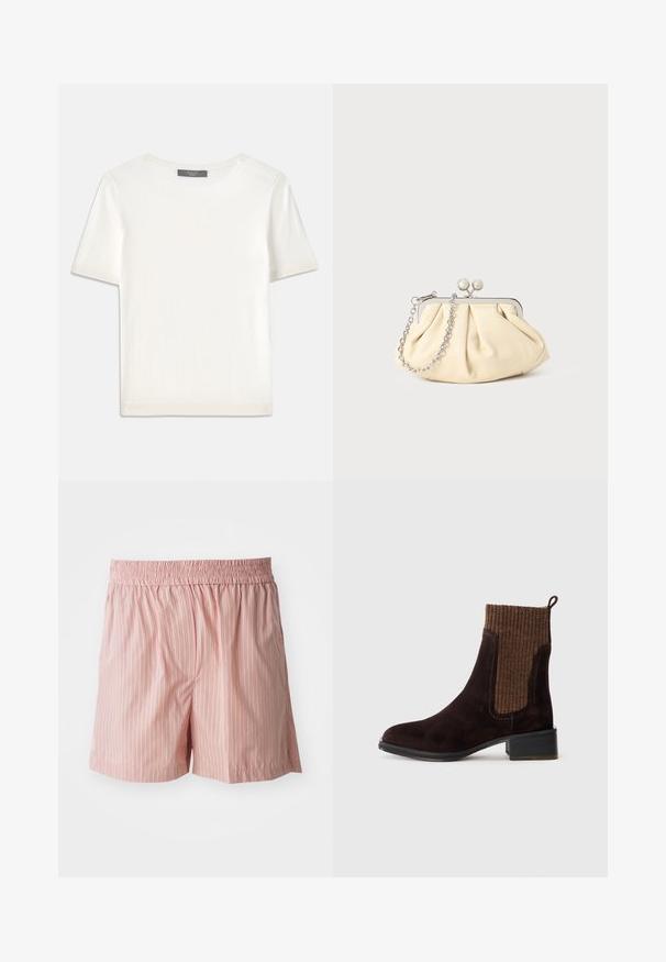 White short-sleeve knit top with a round neckline, featuring a smooth texture and subtle ribbed accents at sleeves and hem.; Light pink shorts with vertical stripes in red and white. Elastic waistband; relaxed fit; smooth texture with minimal detailing.; Brown suede ankle boot with a textured brown ribbed knit upper, smooth finish, low block heel, and pull tab at the heel for ease of wear.; Pleated beige leather clutch with a silver metal frame, featuring two round decorative clasps and a silver chain strap.