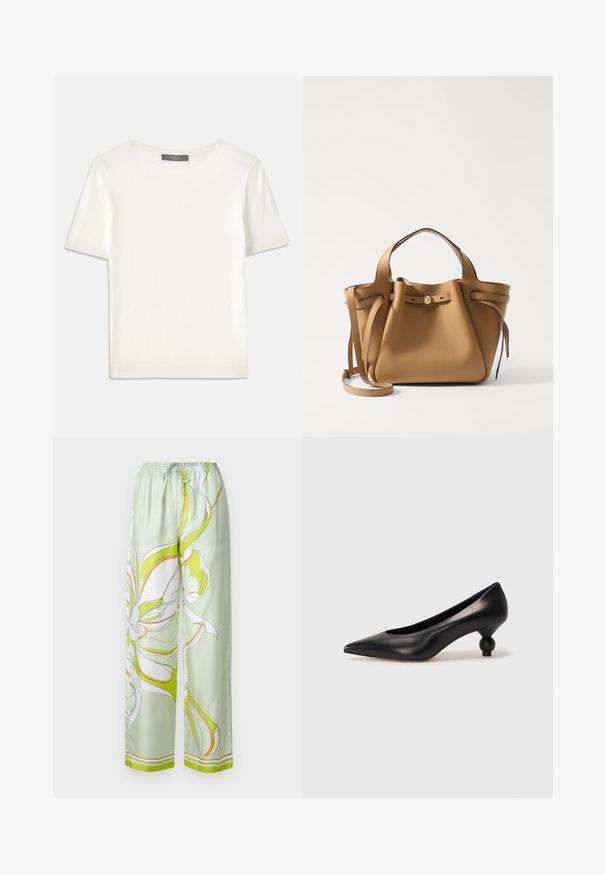 Haut tricot blanc à manches courtes avec un col rond, présentant une texture lisse et des accents côtelés subtils aux manches et à l'ourlet.; Pantalons en satin vert avec un motif floral blanc et jaune, taille élastique, jambes larges et texture lisse.; Chaussure à talon haut en cuir noir avec un bout pointu et un talon arrondi. Texture lisse avec un design épuré et minimal.; Tory Burch ROMY PEBBLED SATCHEL - Sac à main - tiramisu