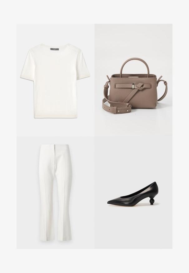 Top tricotat alb cu mânecă scurtă, cu decolteu rotund, având o textură netedă și accente subtile cu nervuri la mâneci și la margine.; Pantaloni albi, croiți pe măsură, cu o margine evazată, având un front plat, fără buzunare și o textură de țesătură netedă.; Pantofii cu toc înalt din piele neagră, cu vârf ascuțit și toc rotund, mimos. Textură netedă, cu un design elegant și minimalist.; Geantă din piele texturată de culoare taupe, cu maner superior, curea pentru umăr ajustabilă și detaliu decorativ sub formă de nod, pe un fundal alb curat.