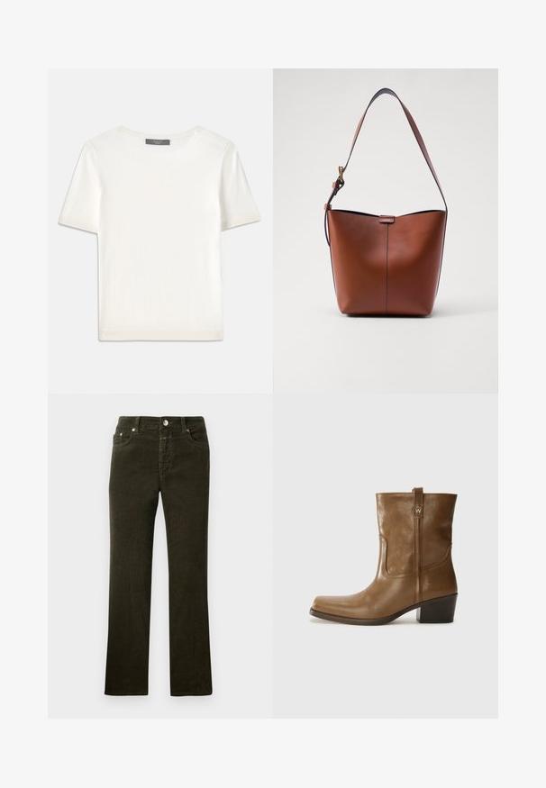 Top de punto corto de manga blanca con cuello redondo, que presenta una textura suave y sutiles detalles acanalados en las mangas y el dobladillo.; Pantalones de pana de pierna recta en color verde oliva oscuro con diseño de cinco bolsillos, botón de metal y cremallera. Textura suave con patrón de cordones visible.; Botín de cuero marrón hasta el tobillo, con punta cuadrada, acabado texturizado y un tacón bajo apilado. Presenta una pestaña trasera y detalles de costura sutiles.; Bolso de hombro de cuero marrón con forma curva, textura suave y una única correa delgada. Presenta una costura sutil y un pequeño detalle del logo.