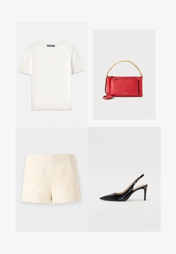 Top tricotat alb cu mânecă scurtă, cu decolteu rotund, având o textură netedă și accente subtile cu nervuri la mâneci și la margine.; Pantaloni scurți bej, croiți dintr-un material ușor, cu o textură netedă, linii curate și fără închideri sau buzunare vizibile.; Pantofi slingback din piele patent neagră, cu vârful ascuțit, tocul subțire și un design discret cu decupaj. Se evidențiază printr-un cataramă aurie pe curea.; Geantă de mână din piele roșie cu o finisare texturată, lanț și curea aurie, buzunar frontal cu fermoar și logo embosat. Design compact și structurat.