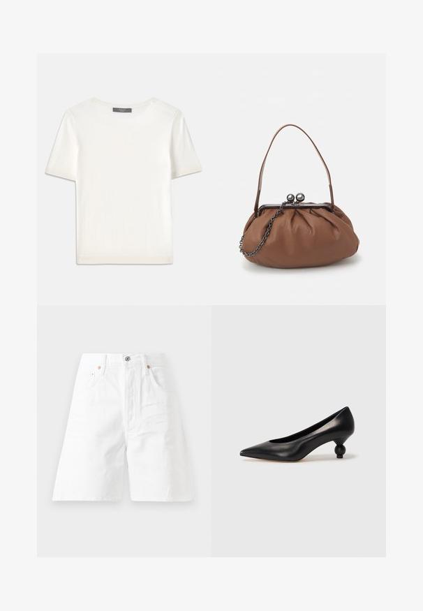 Top de punto corto de manga blanca con cuello redondo, que presenta una textura suave y sutiles detalles acanalados en las mangas y el dobladillo.; Shorts de mezclilla blanca con cintura alta, diseño de cinco bolsillos y cierre de cremallera. Presentan herrajes en tono cobre y un ajuste relajado.; Zapato de tacón alto de cuero negro con puntera afilada y un tacón redondeado y abombado. Textura suave con un diseño elegante y minimalista.; Bolso de cuero marrón con un diseño gather, una asa corta de cuero y una correa de cadena. Presenta un cierre de metal plateado con dos acentos redondos.