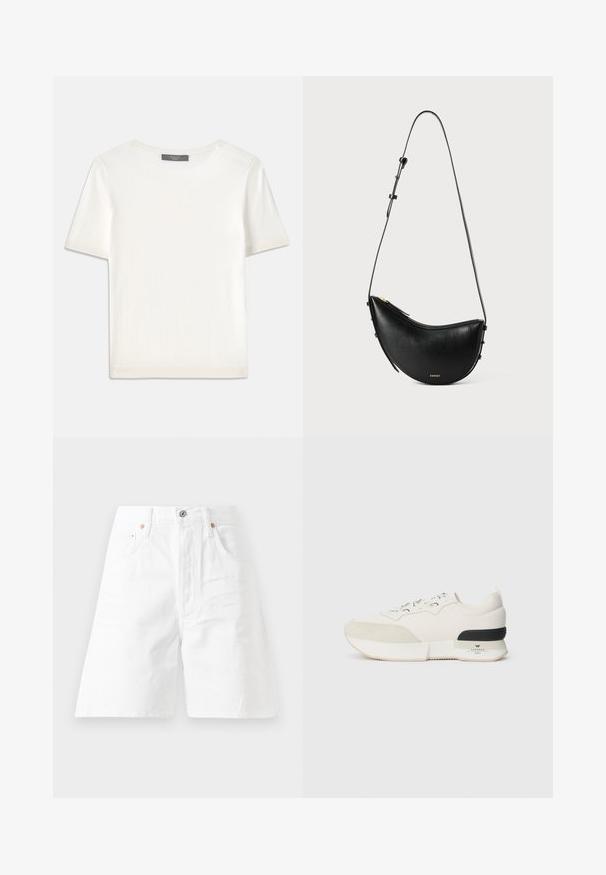 Top de malha branco, de mangas curtas, com decote redondo, apresentando uma textura suave e discretos realces canelados nas mangas e na barra.; Calções de ganga brancos com cintura alta, design de cinco bolsos e fecho de correr. Apresenta hardware em tom cobre e um corte descontraído.; Sneaker branco com biqueira em camurça texturizada, parte superior em malha lisa, atacadores decorativos e um detalhe na parte de trás em borracha preta.; Bolsa de couro preto com um formato curvo e uma alça ajustável única. Apresenta um fecho em zíper e um hardware dourado minimalista.