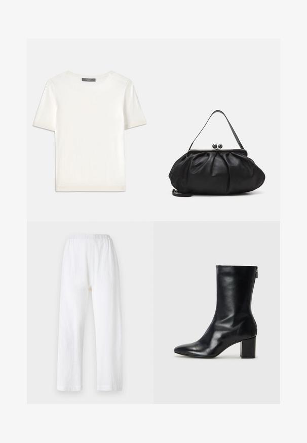 Bílý pletený top s krátkým rukávem a kulatým výstřihem, s hladkou strukturou a jemnými ribovými akcenty na rukávech a lemu.; Bílé, volné kalhoty s elastickým pasem, vyrobené z texturované látky. Rovný střih nohavic s jednoduchými lemovanými manžetami.; Černé kožené kotníkové boty s špičatou špičkou a blokovým podpatkem o výšce 4 cm. Elegantní design obsahuje boční zip pro snadné obouvání. Hladká textura.; Černá kožená kabelka s zaobleným, skládáním designem. Obsahuje kovový zavírač se dvěma dekorativními koulemi a tenkým, odnímatelným popruhem.