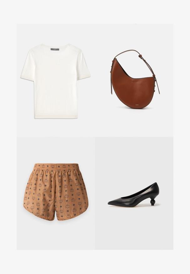 Weißes kurzärmliges Strickoberteil mit rundem Halsausschnitt, das eine glatte Textur und subtile Rippakzente an den Ärmeln und dem Saum aufweist.; Braune Shorts mit einem Allover-Logo-Muster und dunkblauen Diamantakzenten, elastischem Taillenbund und leichtem, strukturiertem Stoff.; Schwarze Leder-Pumps mit spitzem Zehenbereich und runder, ballförmiger Ferse. Glatte Textur mit einem eleganten, minimalistischen Design.; Braune Leder-Schultertasche mit einer halbmondförmigen Form, schmalem braunen Riemen und dezenten goldenen Hardware-Akzenten. Sie zeichnet sich durch eine glatte Textur und minimale Nähte aus.