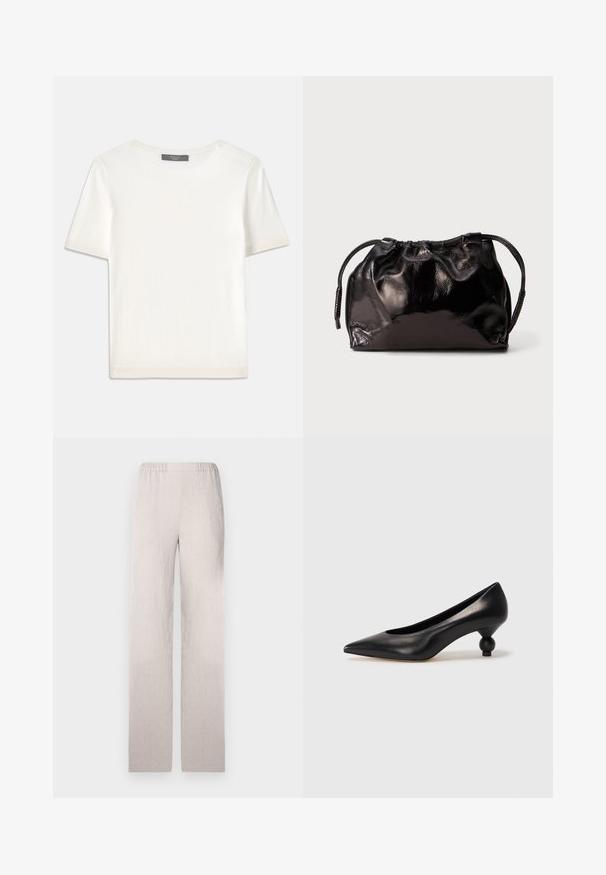 White short-sleeve knit top with a round neckline, featuring a smooth texture and subtle ribbed accents at sleeves and hem.; Light beige wide-leg pants made of textured fabric, featuring an elastic waistband and a smooth finish. Tailored, straight silhouette.; Black leather high heel shoe with a pointed toe and a round, balled heel. Smooth texture with a sleek, minimal design.; Small black glossy leather drawstring pouch with short handles on a light gray background.