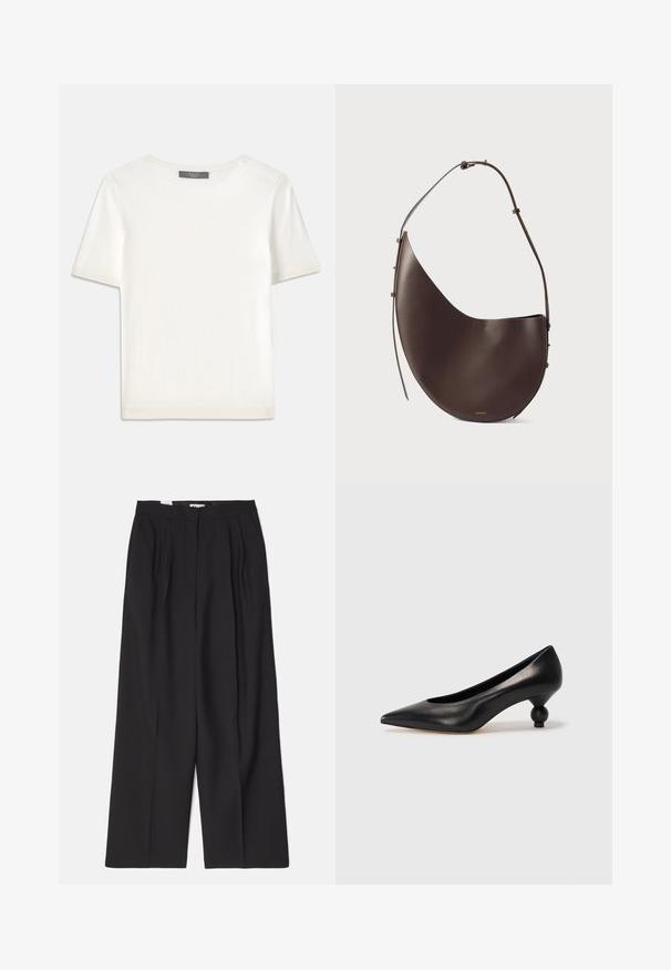 Weißes kurzärmliges Strickoberteil mit rundem Halsausschnitt, das eine glatte Textur und subtile Rippakzente an den Ärmeln und dem Saum aufweist.; Bally Stoffhose - black; Schwarze Leder-Pumps mit spitzem Zehenbereich und runder, ballförmiger Ferse. Glatte Textur mit einem eleganten, minimalistischen Design.; Braune Lederhandtasche mit geschwungener Form, einem Schulterriemen und minimalistischem Design. Verfügt über ein dezentes Logo und goldene Hardware-Akzente.