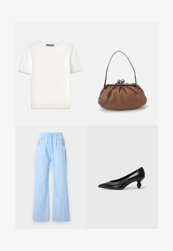 White short-sleeve knit top with a round neckline, featuring a smooth texture and subtle ribbed accents at sleeves and hem.; Light blue cotton pants with an elastic waistband, featuring floral embroidery on the front and contrasting trim at the hems.; Black leather high heel shoe with a pointed toe and a round, balled heel. Smooth texture with a sleek, minimal design.; Brown leather handbag with a gathered design, a short leather handle, and a chain strap. Features a silver metal clasp with two round accents.