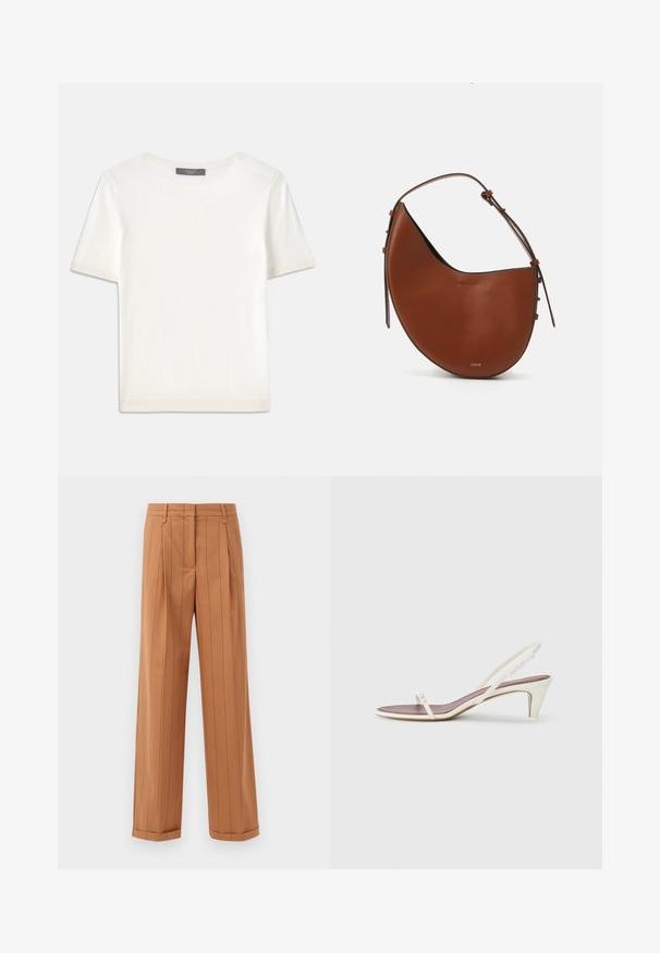 Biała krótki rękaw dzianinowa bluzka z okrągłym dekoltem, charakteryzująca się gładką teksturą i subtelnymi prążkowanymi akcentami na rękawach oraz u dołu.; Brązowe spodnie w prążki o dopasowanym kroju, z zakładkami, prostą nogawką i mankietami. Wykonane z gładkiego materiału.; Białe sandały na koturnie z cienkimi paskami i gładką skórzaną fakturą; zawierają małą dekoracyjną klamrę.; Brązowa skórzana torba na ramię w kształcie półksiężyca, z wąskim brązowym paskiem i subtelnymi złotymi akcentami. Charakteryzuje się gładką teksturą i minimalnym przeszyciem.