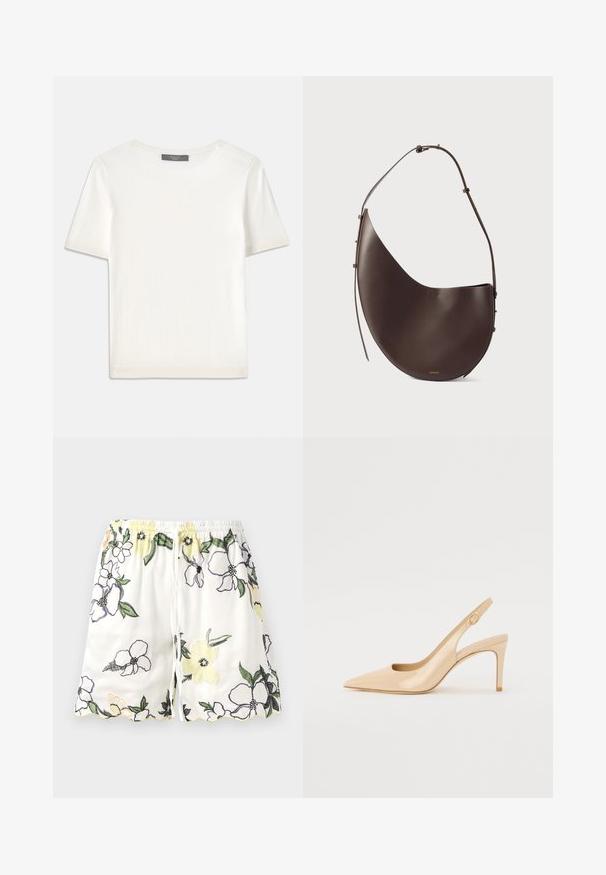 White short-sleeve knit top with a round neckline, featuring a smooth texture and subtle ribbed accents at sleeves and hem.; White shorts with floral embroidery in yellow, purple, and black. Features an elastic waistband and scalloped hem. Drawstring closure.; Nude patent leather slingback heel with a pointed toe, open vamp, and a thin stiletto heel. Features a circular gold accent on the strap.; Brown leather handbag with a curved shape, single strap, and minimalistic design. Features a subtle logo and gold hardware accents.