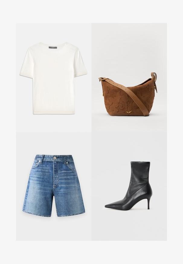 Fehér, rövid ujjú kötött felső, kerek nyakkivágással, sima textúrával és diszkrét bordázott részletekkel az ujjain és az alján.; Világos kék mosású farmer sort, magas derékkal, öt zsebbel és gombos zárással, elhalványult textúrával és nyers szegéllyel.; Fekete bőr bokacsizma hegyes orral, karcsú tűs sarkal és szoros, zokni-szerű felsőrésszel. Simaság jellemzi, minimális varrási részletekkel.; Barna velúr válltáska, dombornyomott virágmintával, sima barna bőrpánttal és arany színű fém kiegészítőkkel.