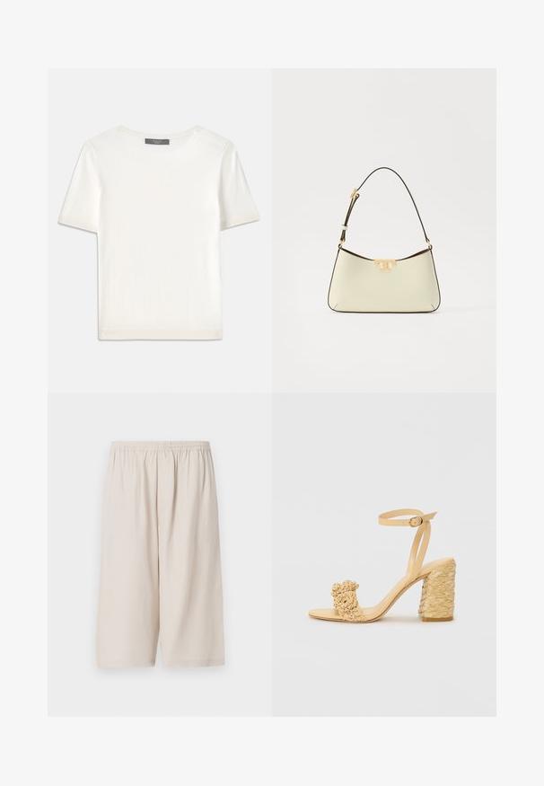 Valkoinen lyhythihainen neulepaita, jossa on pyöreä kaula-aukko. Paidan pinnassa on sileä rakenne ja hihansuissa sekä helmassa hienostuneet ribbineulekoristeet.; Beige shorts yang terbuat dari kain ringan, dilengkapi dengan pinggang elastis, potongan panjang lutut, dan tekstur halus. Desain sederhana tanpa pola.; Beige korkokengät, joissa on punottu pinta, koristeellinen kukka ja nilkkaremmi. Neliön muotoinen korko lisää vakautta.; Valkoinen nahkainen käsilaukku, jossa on kaareva muoto. Varustettu kultaisella logolla ja ohueholla, säädettävällä tummalla olkaimella.