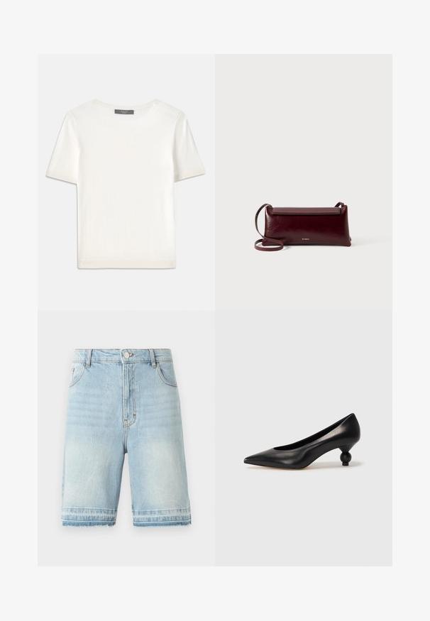 Valge lühikeste varrukatega soonikutega viimistletud ringkaelusega kampsun, millel on sile tekstuur.; Heledad sinine teksapükste lühikesed püksid, kulunud äärtega, viie taskuga disain ja tavaliselt vöökoht nööbiga kinni. Koolnud kohtades kerge pleekimine.; Must musta kõrge kontsaga king, millel on terav nina ja ümar, pallikujuline konts. Sile pind ja elegantne, minimalistlik disain.; Burgundia nahast õlakott, millel on sile tekstuur, ristkülikukujuline kuju, klappkinnitus ja õhuke reguleeritav rihm. Nähtav kuldne logo detail.