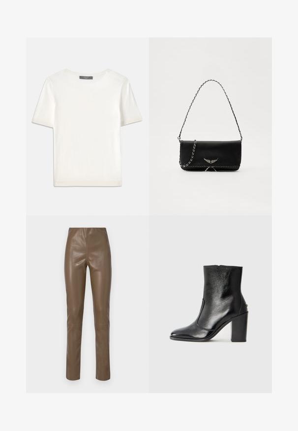 White short-sleeve knit top with a round neckline, featuring a smooth texture and subtle ribbed accents at sleeves and hem.; Brown faux leather pants with a smooth, glossy texture. Features a high waist and straight legs, with minimal stitching details.; Black leather ankle boot with a smooth texture, pointed toe, and a chunky high heel. Features a side opening and minimalistic design.; Black leather handbag with a silver chain strap, featuring decorative wing accents and white stitching along the bottom seam.