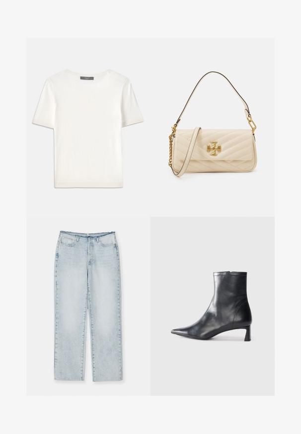 Valge lühikeste varrukatega soonikutega viimistletud ringkaelusega kampsun, millel on sile tekstuur.; Hele sinine teksapükste sirge lõikega, viie taskuga, lukuga ja nööbiga sulgemine ning pleekinud tekstuur. Ei ole nähtavat kulumist.; Mustad mustall nahkasaabas terava nina ja stiilse disainiga. Omab madalat konts ja luku sulgemist taga. Sile tekstuur.; Kreem värvi tikitud käekott kullast logo aktsendiga, millel on ahel- ja nahkrihm. Paremdisain ja sile tekstuur diagonaalsete õmblustega.