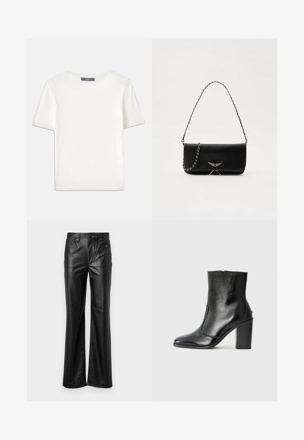 Balta īsām piedurknēm adīta blūze ar apaļu kakla izgriezumu, kurai ir gluda tekstūra un smalki riboti akcenti pie piedurknēm un apakšmalas.; Melnas ādas bikses ar taisnu kāju dizainu, ar pogu slēgšanu, jostas cilpiņām un priekšējām kabatām. Gluda tekstūra un minimāls noformējums.; Melnas ādas potīšu zābaki ar gludu tekstūru, smailu purngalu un masīlu augstu papēdi. Iekļauts sānu atvērums un minimālistisks dizains.; Melnas ādas rokassomā ar sudraba ķēdes siksnu, kurai ir dekoratīvi spārnu akcenti un baltā šuvēšana apakšējā šuvē.