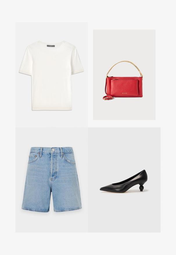 Valge lühikeste varrukatega soonikutega viimistletud ringkaelusega kampsun, millel on sile tekstuur.; Heledad sinine denim lühikesed püksid otse lõikega, kahe esipocketiga, nööbi ja tõmbluku sulgemisega ning kergelt kulunud ääridega.; Must musta kõrge kontsaga king, millel on terav nina ja ümar, pallikujuline konts. Sile pind ja elegantne, minimalistlik disain.; Punane nahkrahakott tekstureeritud viimistlusega, kullatud kett ja rihm, eesmine tõmblukuga tasku ning reljeefne logo. Kompaktne ja struktureeritud disain.