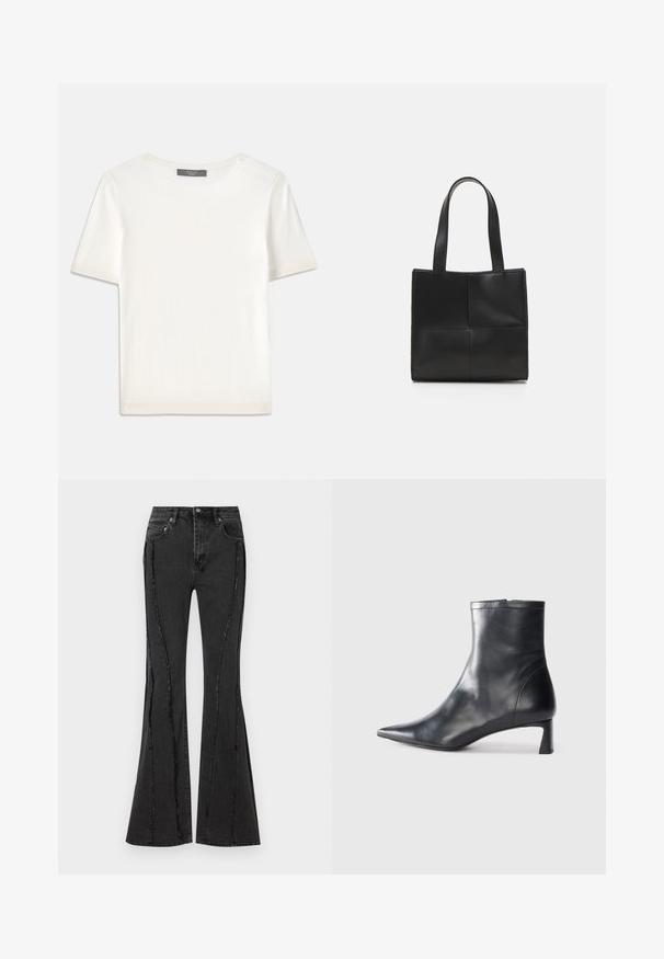 Valkoinen lyhythihainen neulepaita, jossa on pyöreä kaula-aukko. Paidan pinnassa on sileä rakenne ja hihansuissa sekä helmassa hienostuneet ribbineulekoristeet.; Farkut mustasta denimistä, joissa on levenevä lahje, kulutettu muotoilu ja näkyvät ompeluyksityiskohdat. Sisältää viisi taskua ja nappikiinnityksen vyötäröllä.; Musta nahkainen nilkkabotti, jossa on teräväkärkinen muotoilu ja tyylikäs design. Varusteena matala korko ja takana vetoketjukiinnitys. Sileä pinta.; Musta nahkainen käsilaukku, jossa on kaksi kahvaa, suorakaiteen muotoinen, sileä pinta ja ommeltu paneelimuotoilu. Ei muuta metalliosaa tai lisäkoristeita.