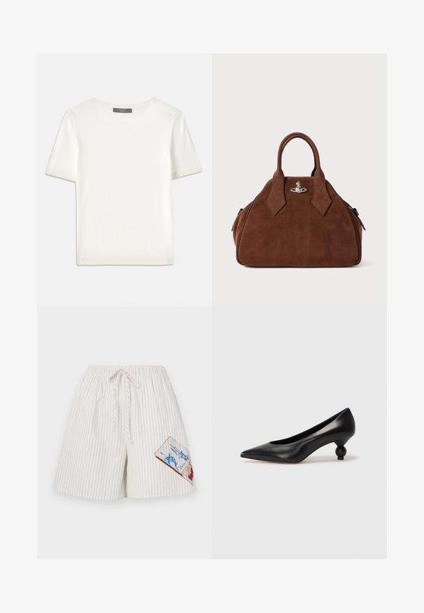 White short-sleeve knit top with a round neckline, featuring a smooth texture and subtle ribbed accents at sleeves and hem.; White cotton shorts with vertical blue stripes, elastic waistband, and drawstring. Features a colorful graphic patch on the left thigh.; Black leather high heel shoe with a pointed toe and a round, balled heel. Smooth texture with a sleek, minimal design.; Brown suede handbag with two top handles and a small silver orb-shaped logo at the center front.