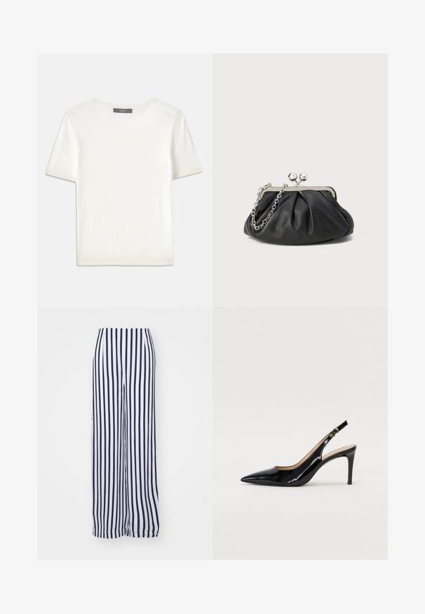 Weißes kurzärmliges Strickoberteil mit rundem Halsausschnitt, das eine glatte Textur und subtile Rippakzente an den Ärmeln und dem Saum aufweist.; Hose mit weitem Bein in weißen und dunkelblauen vertikalen Streifen. Hergestellt aus leichtem Stoff mit einer glatten Textur und einem elastischen Bund.; Schwarz lackierte Slingback-Pumps mit spitzem Zehenbereich, schlankem Absatz und einem subtilen Ausschnittdesign. Verfügt über eine goldene Schnalle am Riemen.; Schwarze Leder-Clutch mit geraffter Textur, silberfarbener Metallrahmen, Druckverschluss und Kettenriemen. Glatte, weiche Oberfläche.