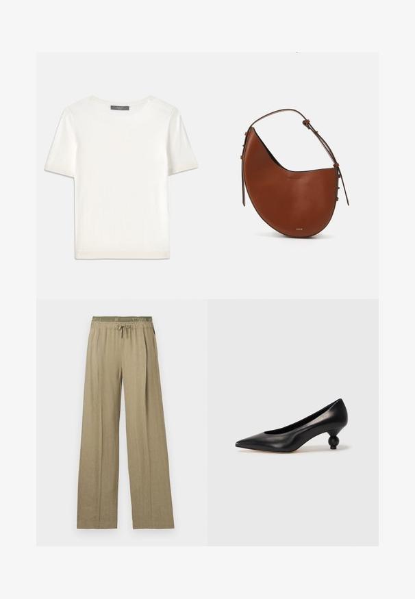 Vit kortärmad stickad topp med rund halsringning, med en jämn textur och subtila randiga detaljer vid ärmarna och fållen.; Breda byxor i en ljus olivgrön nyans. Tillverkade av ett mjukt, texturerat tyg med resårmidja och snörning.; Svart läderhögklackad sko med spetsig tå och rund, bollformad klack. Slät yta med en elegant, minimalistisk design.; Brun läderaxelväska i halvmåneform med smal brun rem och subtila guldaccessoarer. Har en slät yta och minimal sömnad.