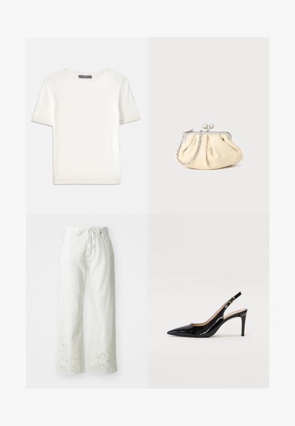 Haut tricot blanc à manches courtes avec un col rond, présentant une texture lisse et des accents côtelés subtils aux manches et à l'ourlet.; Pantalons larges blancs en coton, avec une taille élastique et des motifs paisley brodés sur l'ourlet. Texture lisse.; Pompe slingback en cuir verni noir avec un bout pointu, un talon fin et un design de découpes subtil. Elle dispose d'une boucle dorée sur la sangle.; Pochette en cuir beige plissé avec un cadre en métal argenté, dotée de deux fermoirs ronds décoratifs et d'une chaîne en argent.