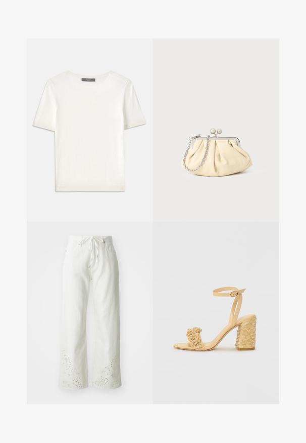 Top corto a maniche corte di colore bianco, in maglia, con scollatura rotonda. Presenta una texture liscia e accenti a coste sottili sulle maniche e sull'orlo.; Pantaloni bianchi a gamba larga in cotone, con vita elasticizzata e motivi paisley ricamati sull'orlo. Texture liscia.; Sandalo beige con tacco alto e texture intrecciata, dotato di un fiore decorativo e di una cinghia alla caviglia. Il tacco quadrato offre stabilità.; Clutch in pelle beige plissettata con una struttura in metallo argento, dotata di due chiusure decorative rotonde e una tracolla in catena argentata.